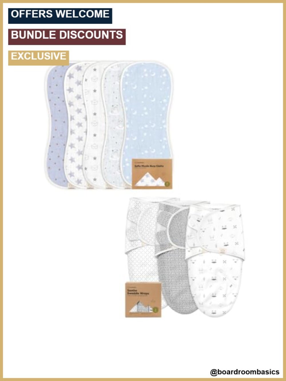 Muslin Baby Burp Cloths 5-Pack & Swaddle Sleep Sacks 3-Pack Cotton
